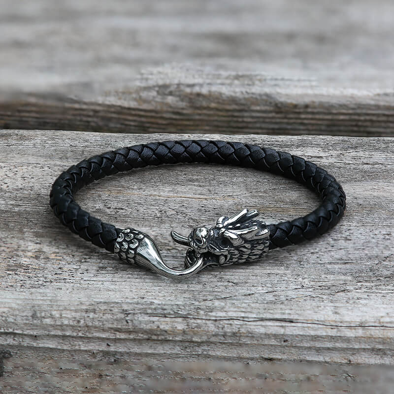 Dragon Clasp Stainless Steel Leather Bracelet | Gthic.com
