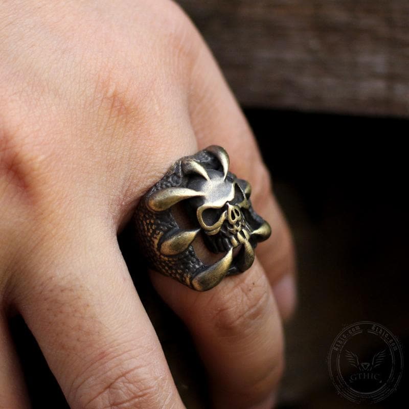 Dragon Claw Brass Sterling Silver Skull Ring 02 | Gthic.com