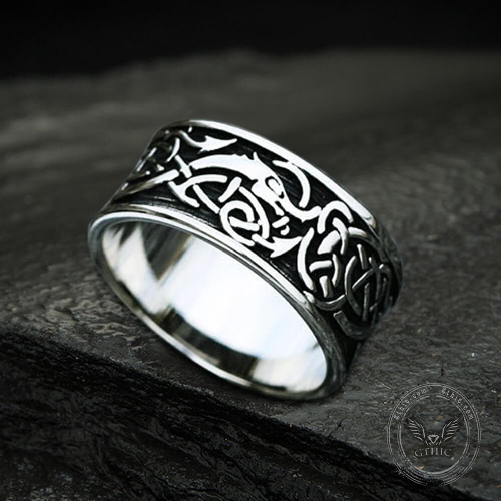 Wikinger-Ring aus Edelstahl mit keltischem Knoten und Drachenkopf