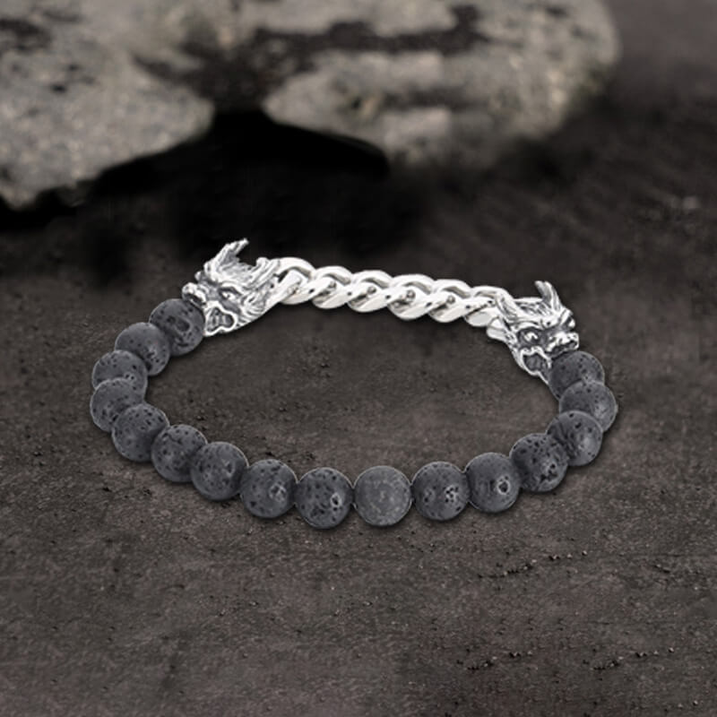 Dragon Head Volcanic Stone Stainless Steel Bead Bracelet | Gthic.com
