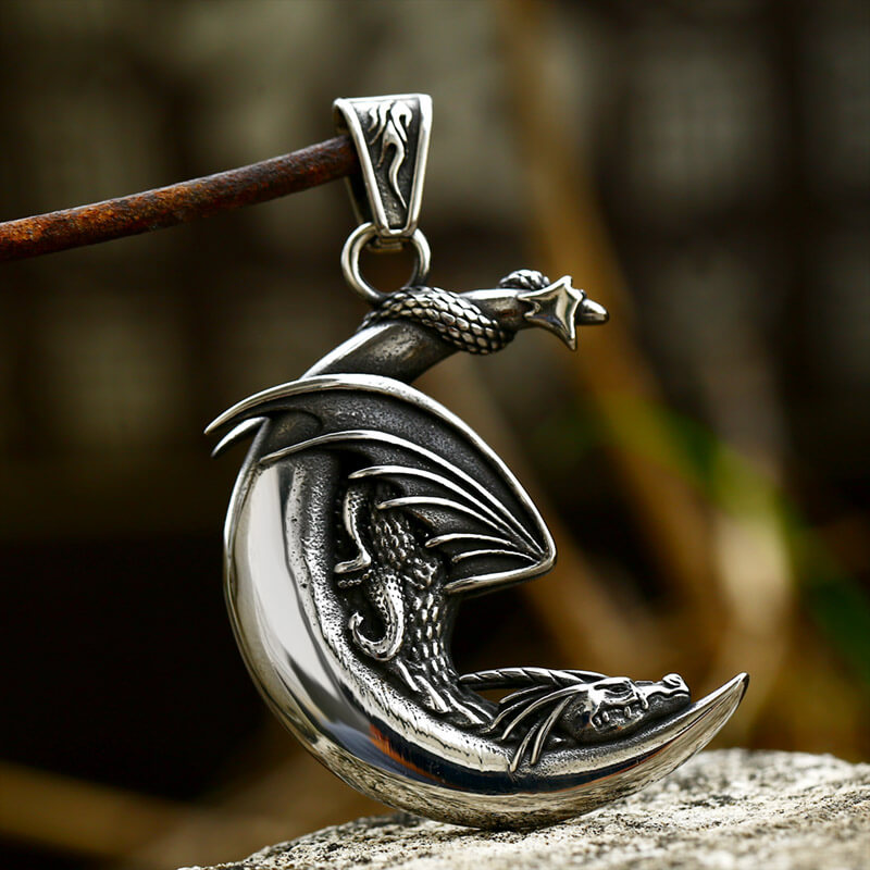 Sleeping Dragon Moon Stainless Steel Pendant | Gthic.com