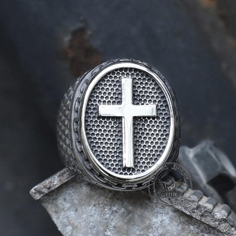 Dragon Scale Pattern Stainless Steel Cross Ring 03 | Gthic.com
