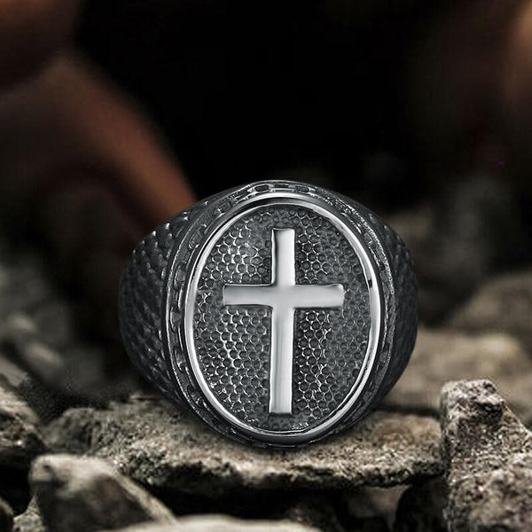 Dragon Scale Pattern Sterling Silver Cross Ring  01 | Gthic.com