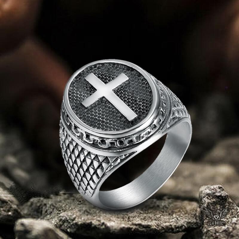 Dragon Scale Pattern Sterling Silver Cross Ring  03 | Gthic.com