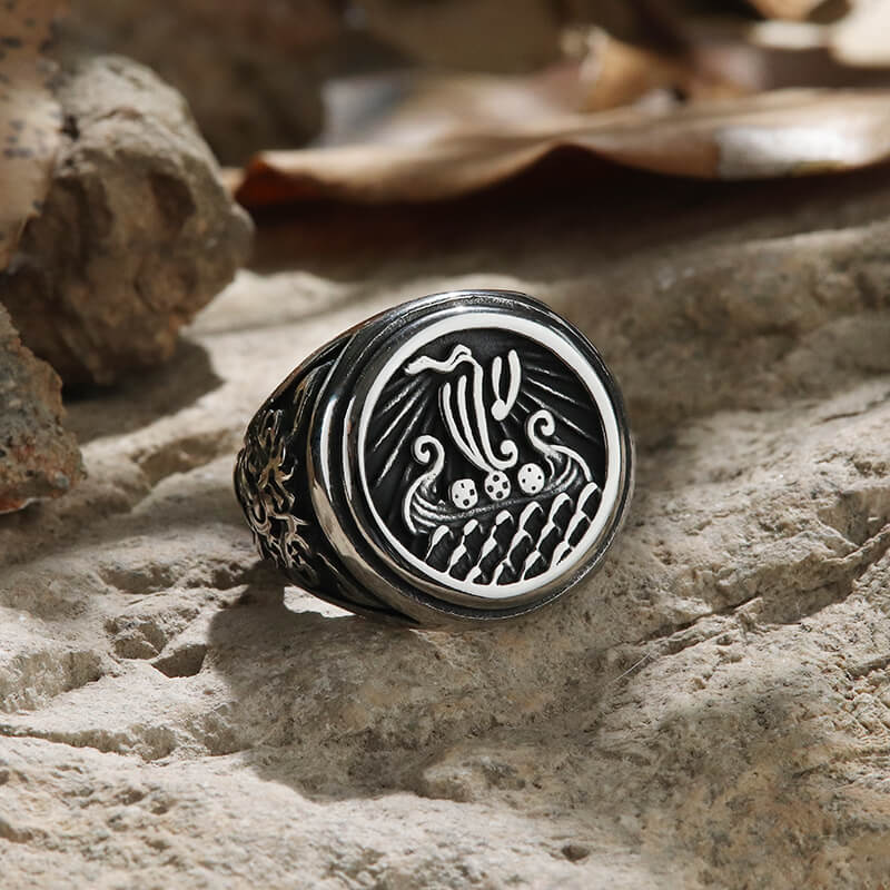 Dragon Ship Stainless Steel Viking Ring | Gthic.com