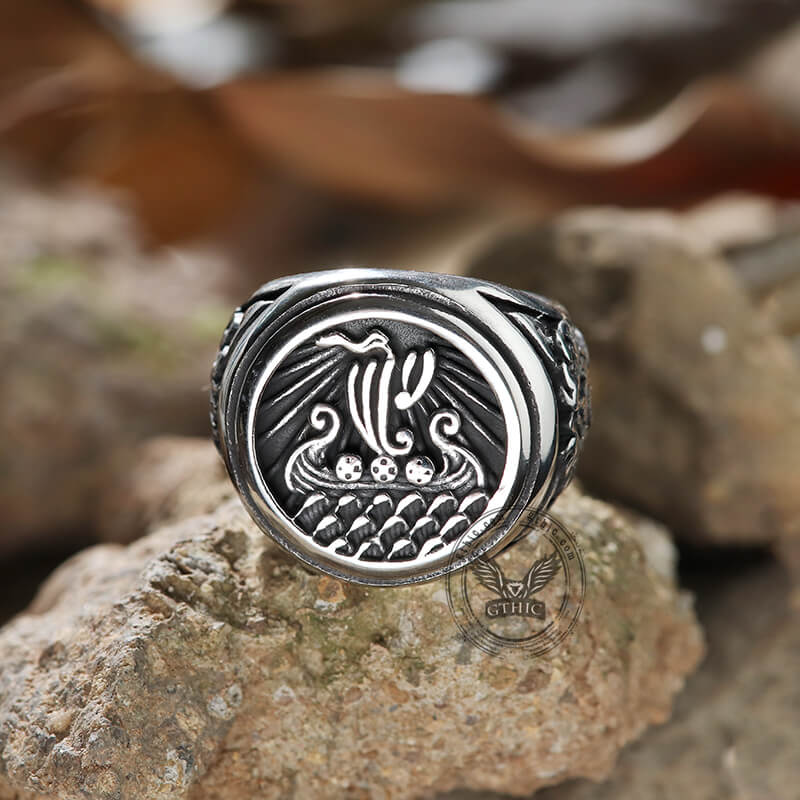 Dragon Ship Stainless Steel Viking Ring | Gthic.com