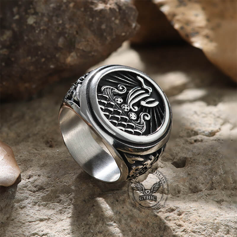 Dragon Ship Stainless Steel Viking Ring