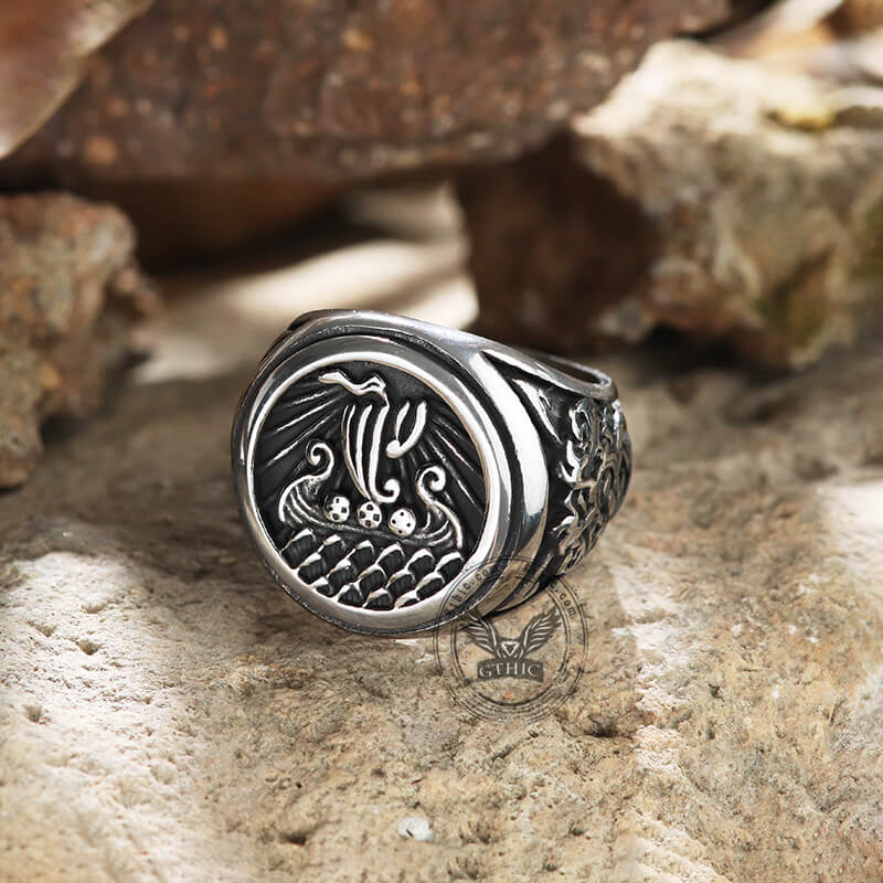 Dragon Ship Stainless Steel Viking Ring | Gthic.com