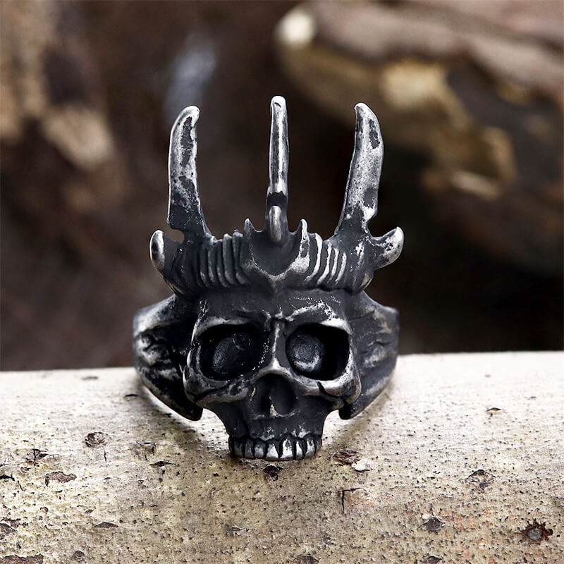 Elk Horn Crown Stainless Steel Skull Ring | Gthic.com