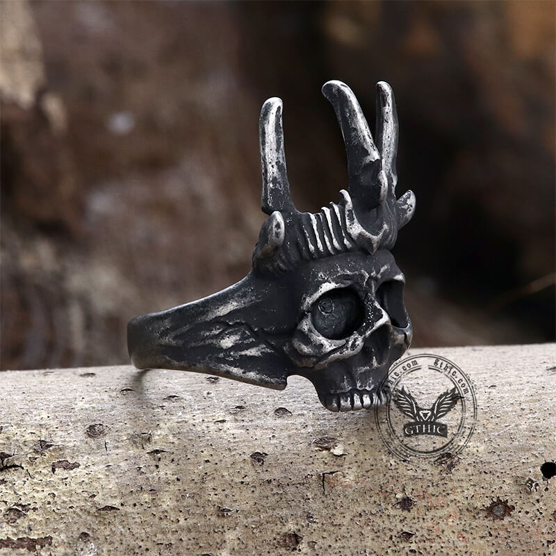 Elk Horn Crown Stainless Steel Skull Ring | Gthic.com