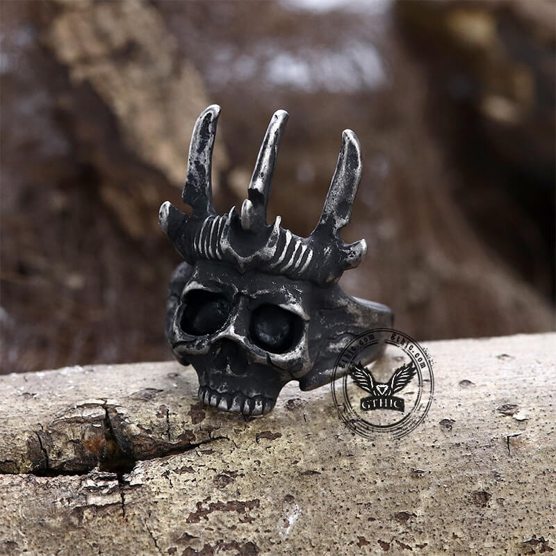 Elk Horn Crown Stainless Steel Skull Ring | Gthic.com