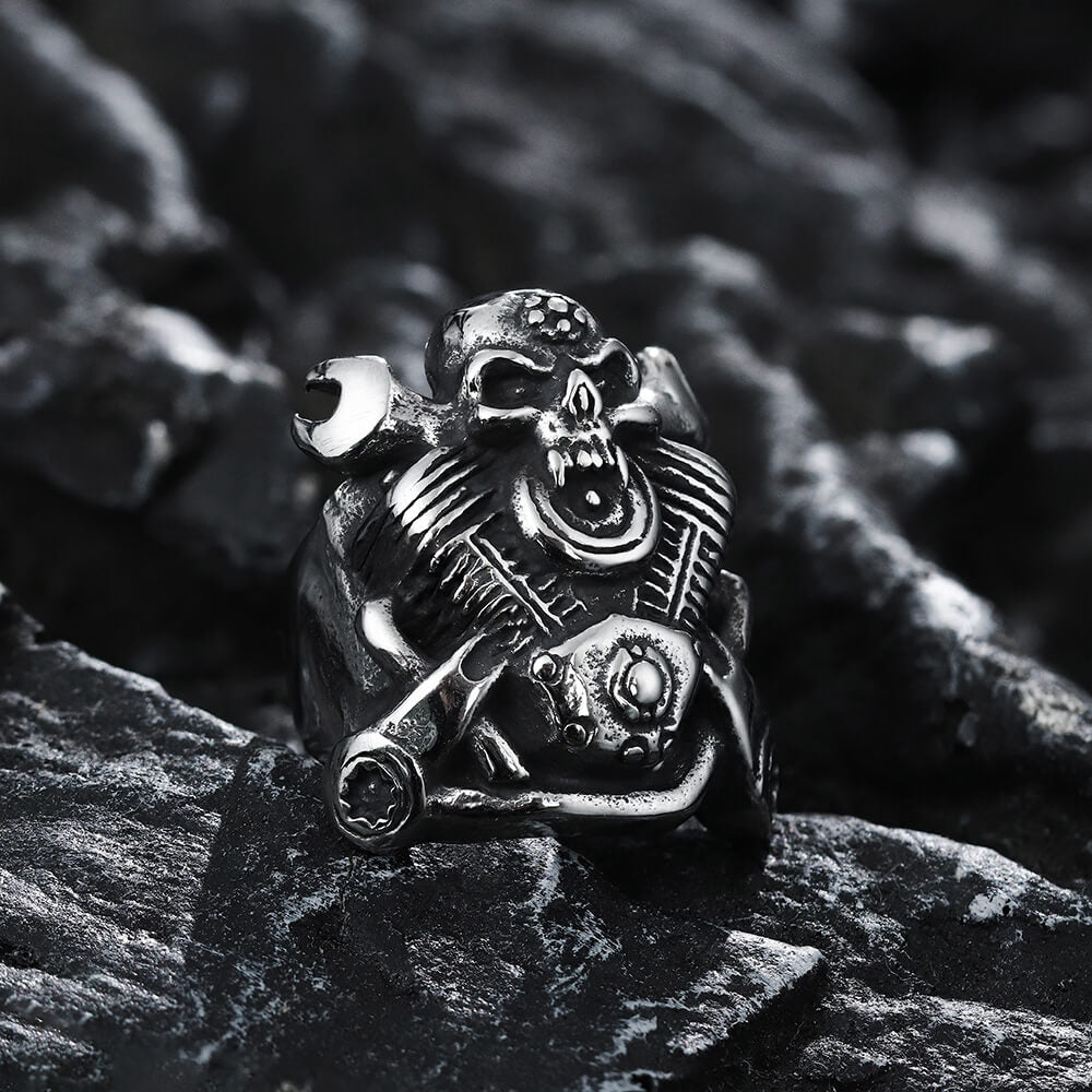 Engine Wrench Stainless Steel Skull Ring | Gthic.com