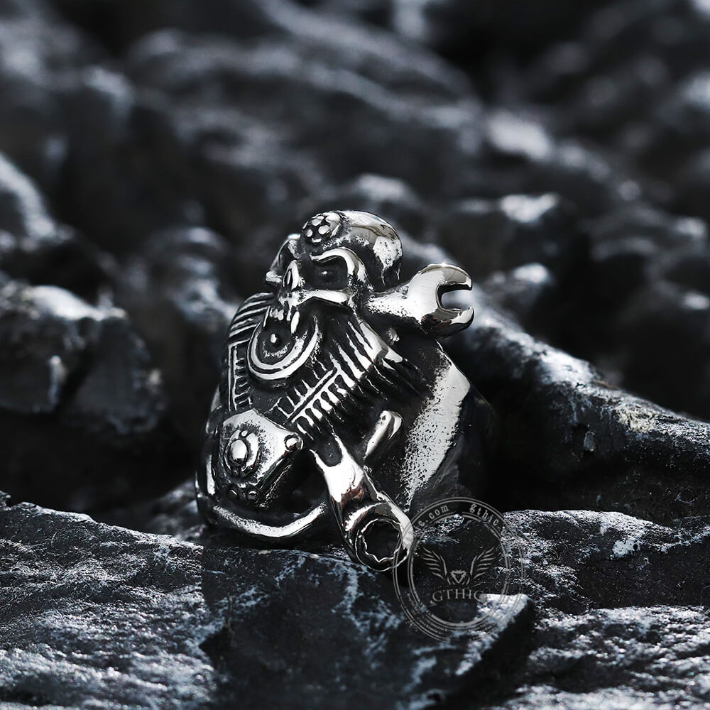 Engine Wrench Stainless Steel Skull Ring