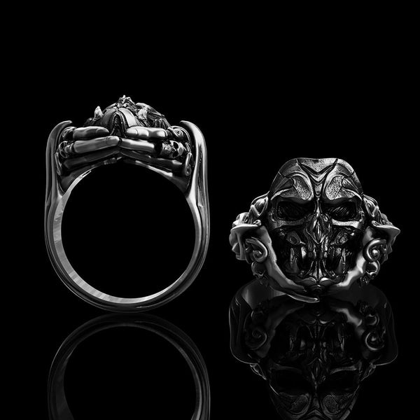 Evil Fangs Mask Sterling Silver Ring 01 | Gthic.com
