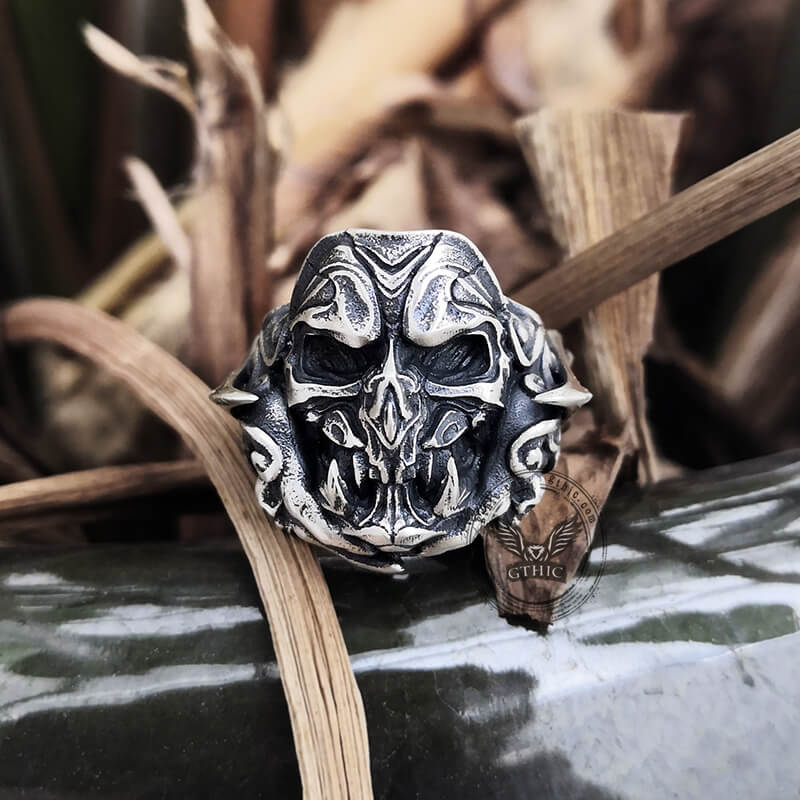 Evil Fangs Mask Sterling Silver Skull Ring