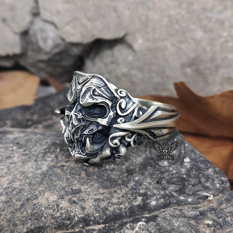 Evil Fangs Mask Sterling Silver Ring | Gthic.com