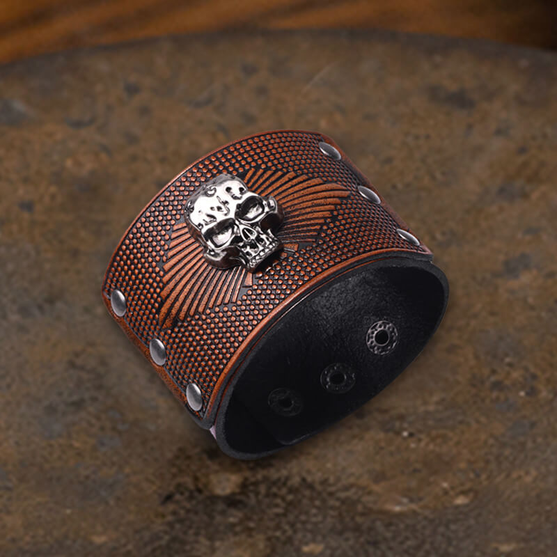 Exaggerated Skull Wide Leather Wristband Bracelet | Gthic.com