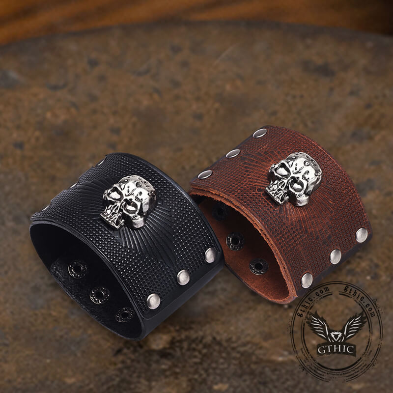 Exaggerated Skull Wide Leather Wristband Bracelet | Gthic.com