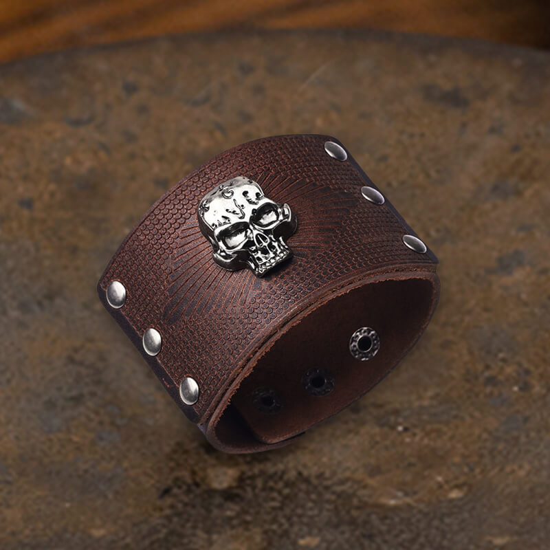 Exaggerated Skull Wide Leather Wristband Bracelet | Gthic.com