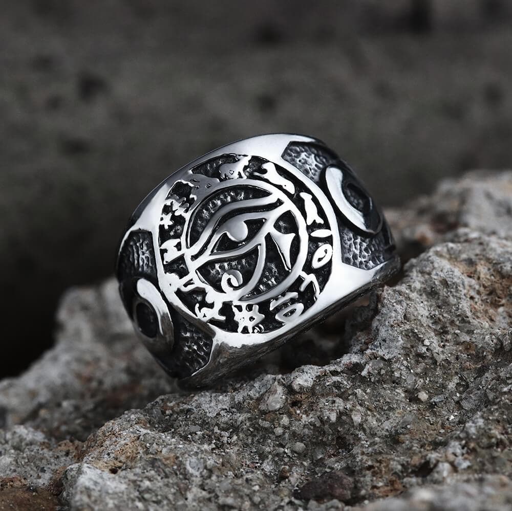 Eye of Ra Ankh Cross Stainless Steel Egypt Ring 01 | Gthic.com