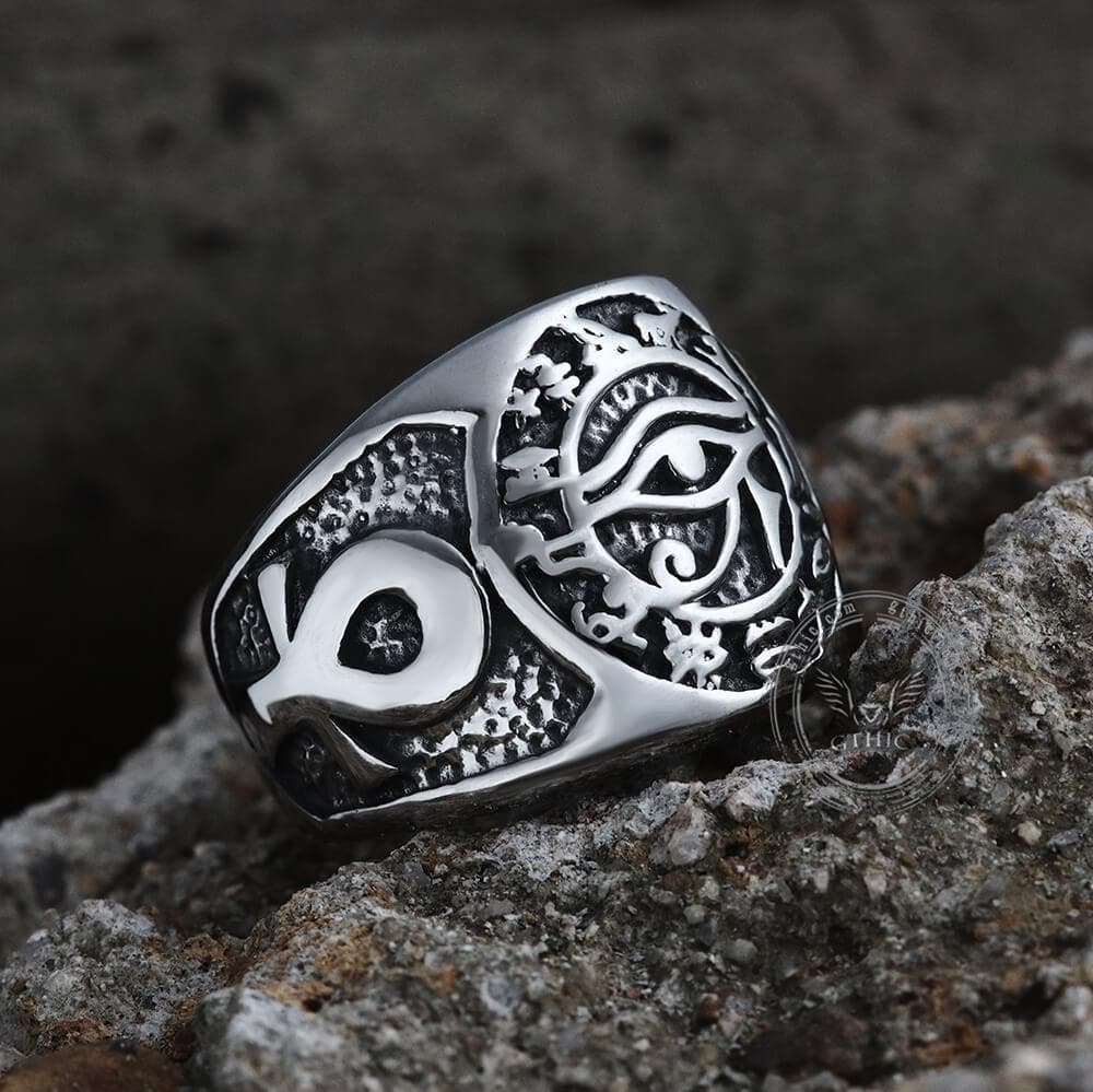 Men's Stainless Steel Egyptian Pharaoh Ring - Ankh & Eye Of Horus Design, Sizes 7-15, 316L Metal