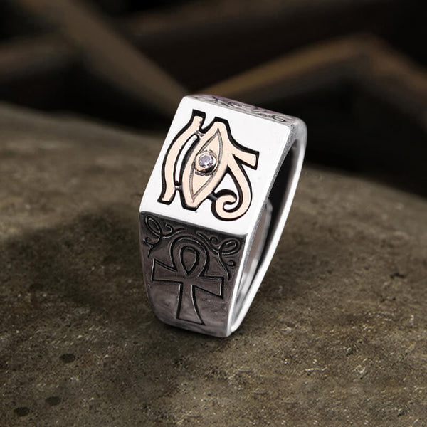 Eye of Ra Ankh Egyptian Symbol Sterling Silver Adjustable Ring | Gthic.com