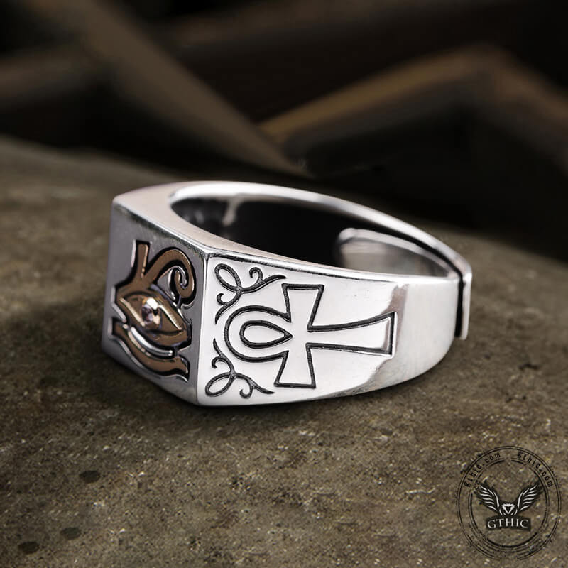 Eye of Ra Ankh Egyptian Symbol Sterling Silver Adjustable Ring | Gthic.com