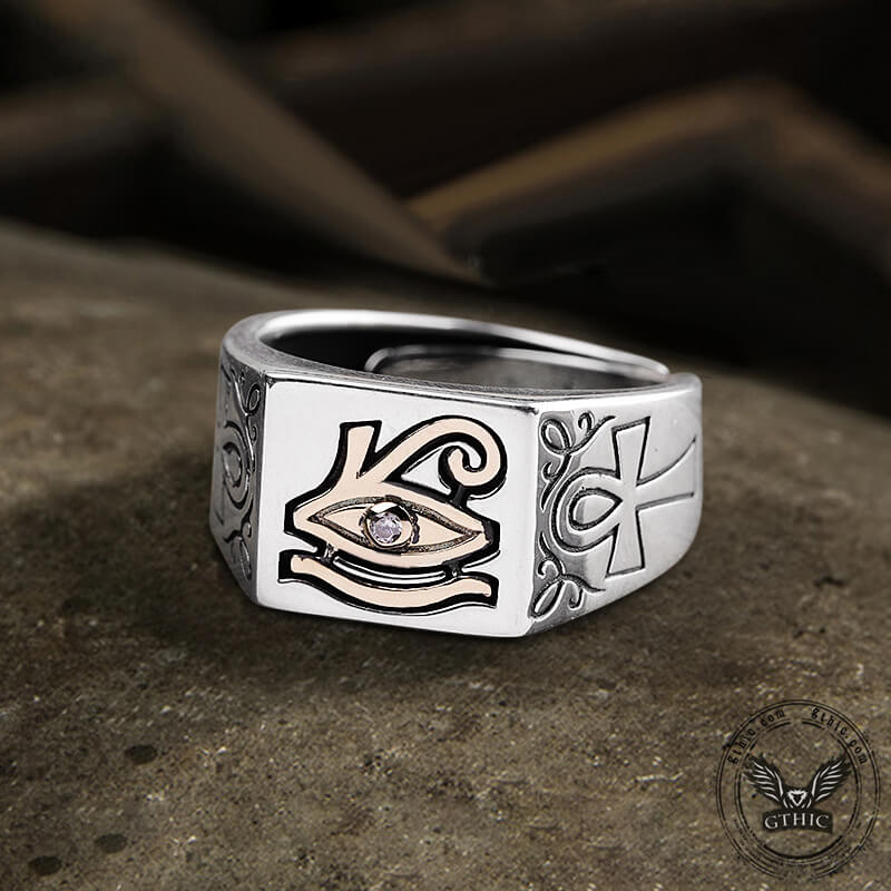 Eye of Ra Ankh Egyptian Symbol Sterling Silver Adjustable Ring | Gthic.com