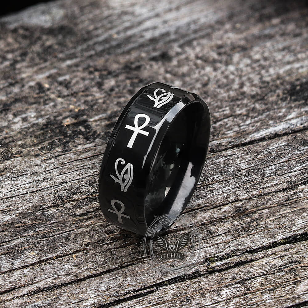 Eye of Ra Ankh Egyptian Symbols Stainless Steel Ring | Gthic.com