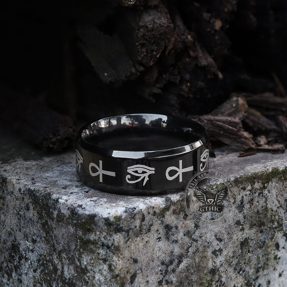 Eye of Ra Ankh Egyptian Symbols Stainless Steel Ring | Gthic.com