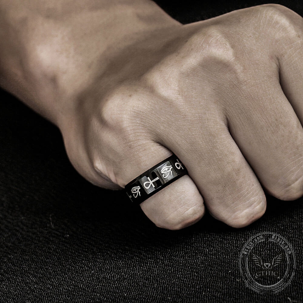 Eye of Ra Ankh Egyptian Symbols Stainless Steel Ring | Gthic.com