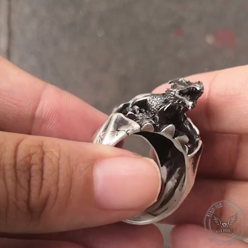 Bague gothique en argent sterling crânes de dragon volant