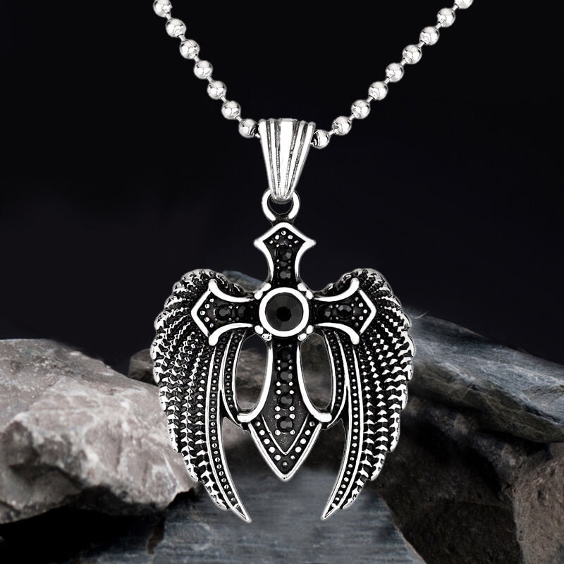 Fallen Angel Wings Stainless Steel Gem Pendant01 Black | Gthic.com