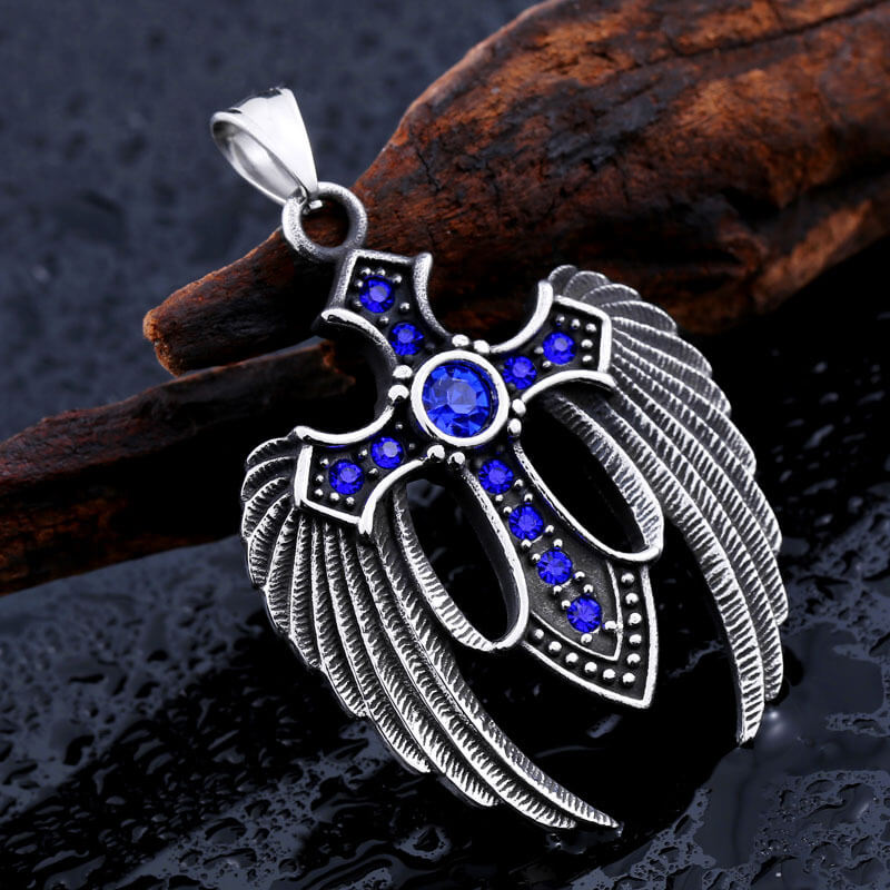 Fallen Angel Wings Stainless Steel Gem Pendant04 Blue | Gthic.com