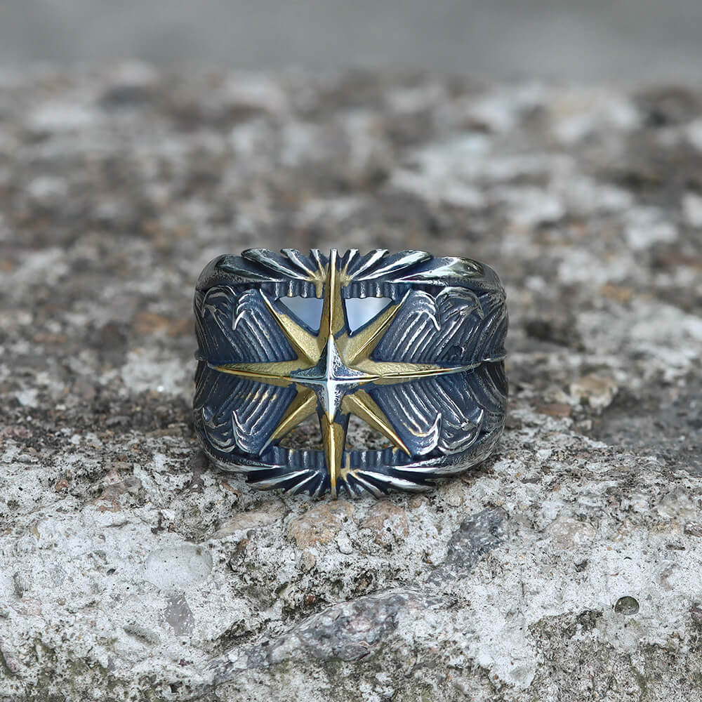 Feather Star Stainless Steel Ring 02 Gold | Gthic.com