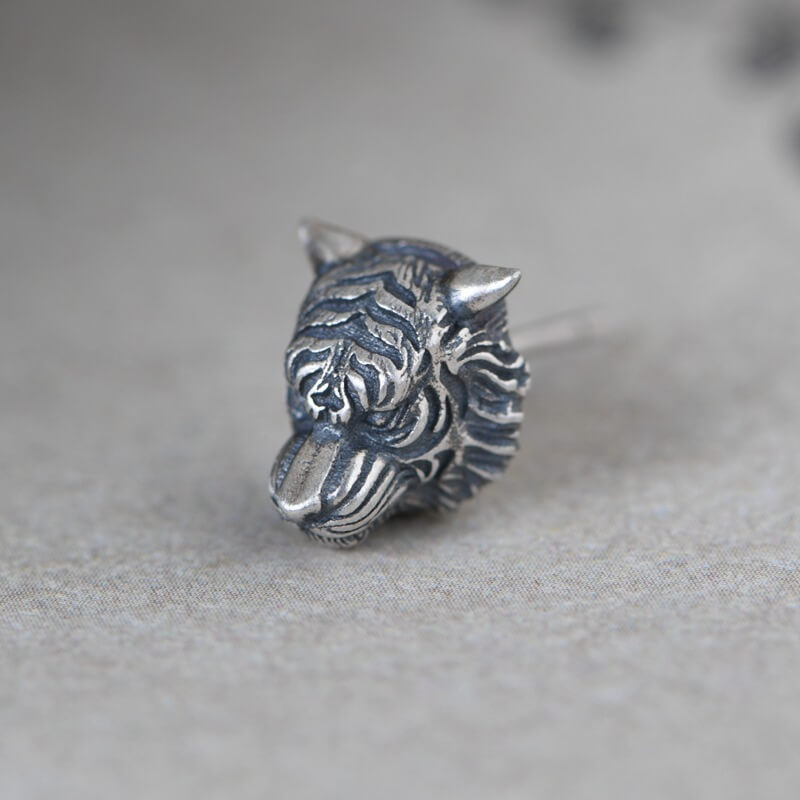 Ferocious Tiger Sterling Silver Earring | Gthic.com