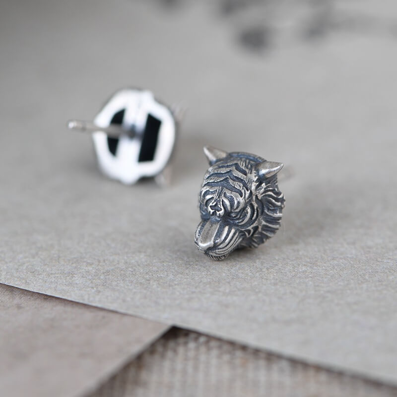 Ferocious Tiger Sterling Silver Earring | Gthic.com