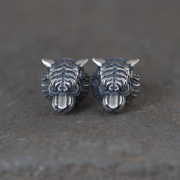 Ferocious Tiger Sterling Silver Earring | Gthic.com