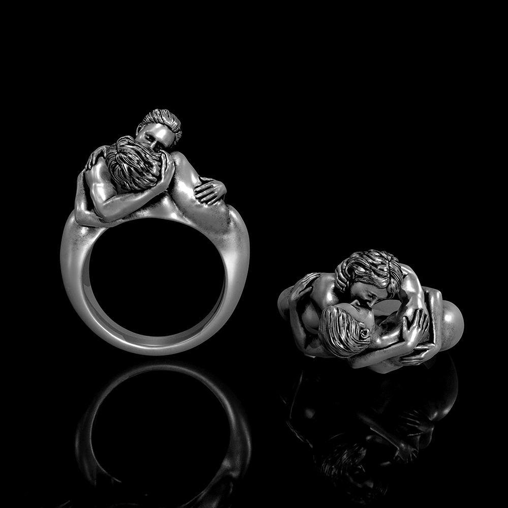 Fiery Love Kiss Sterling Silver Couple Ring 01 | Gthic.com