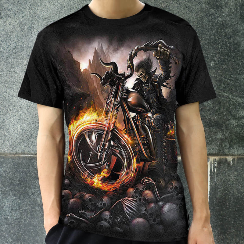 T-shirt tête de mort en polyester Flame Moto