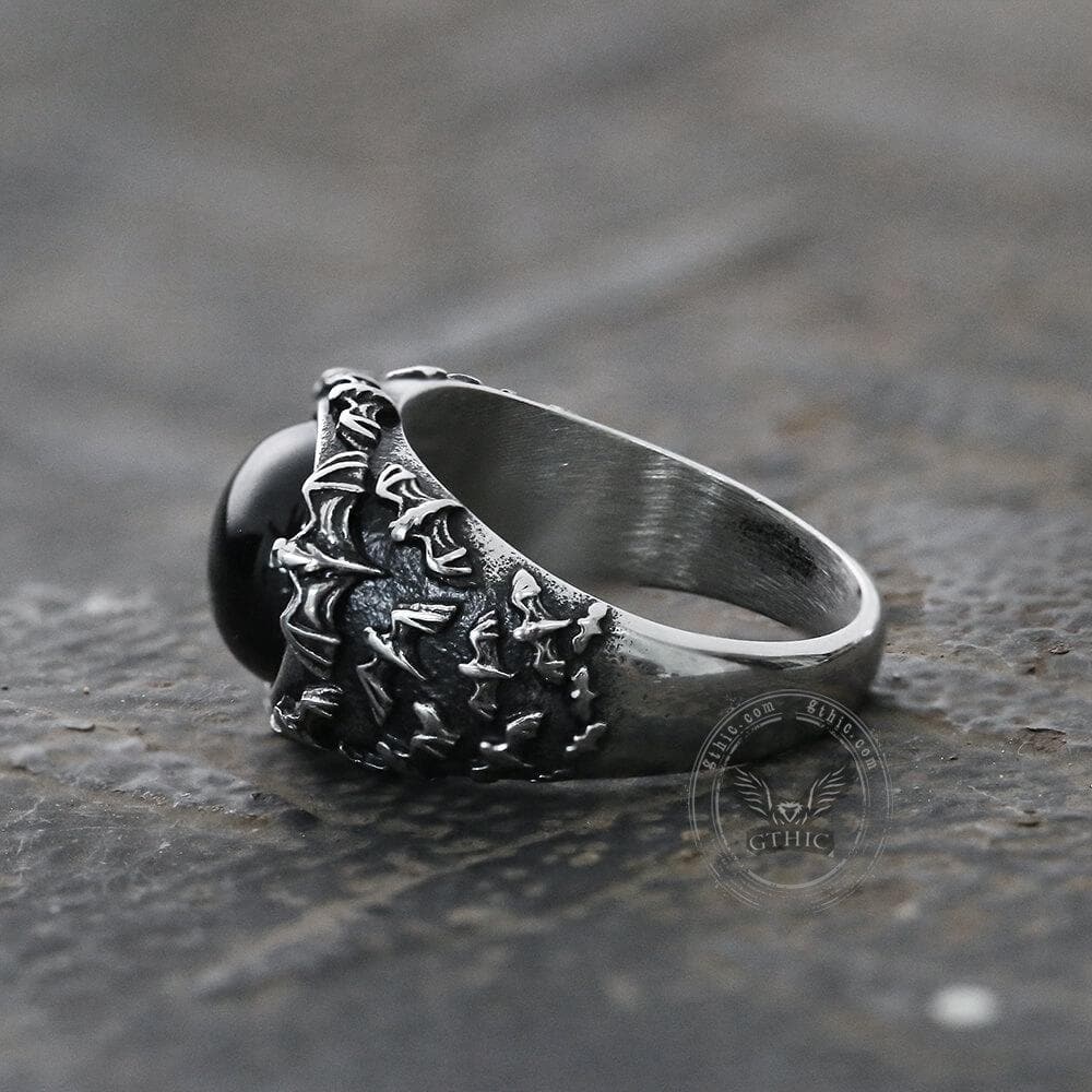 Flying Bats Stainless Steel Gemstone Ring | Gthic.com