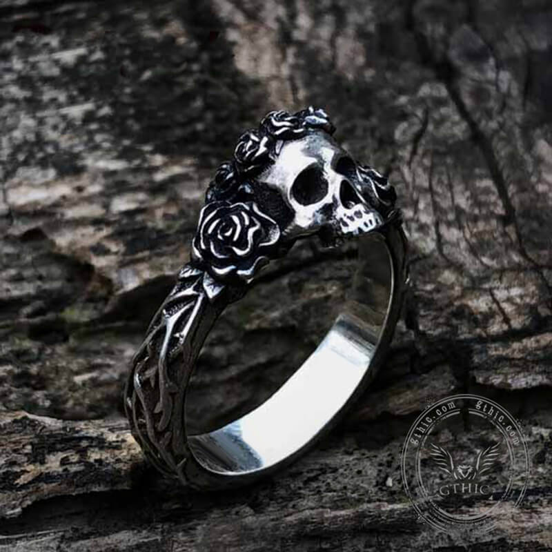 Free Soul Never Dies Flower Skull Stainless Steel Wedding Ring | Gthic.com