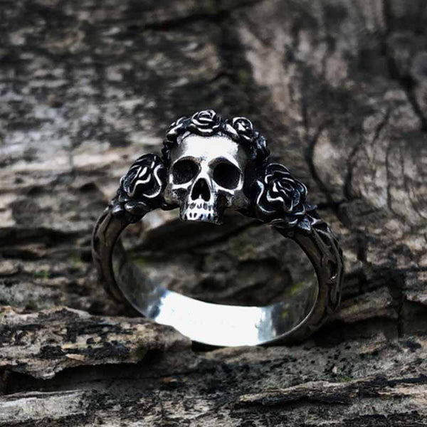 Free Soul Never Dies Flower Skull Stainless Steel Wedding Ring | Gthic.com