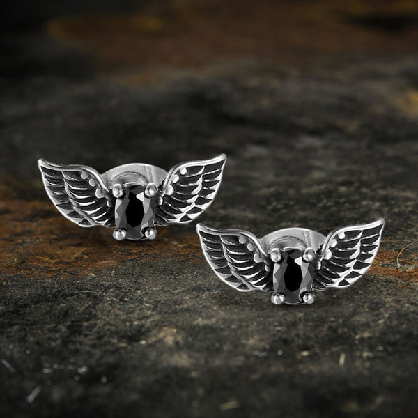 Freedom Wings Black Stone Stainless Steel Stud Earrings 01 | Gthic.com