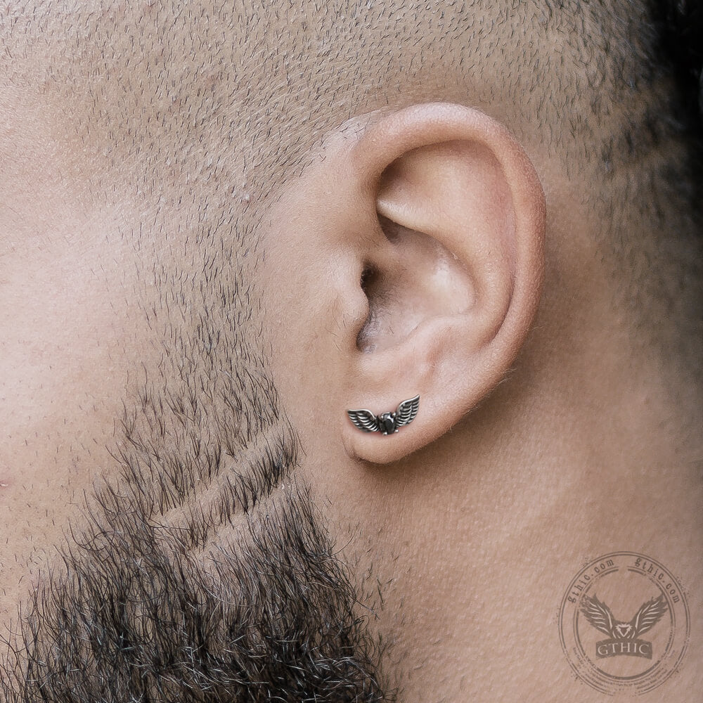 Freedom Wings Black Stone Stainless Steel Stud Earrings 02 | Gthic.com