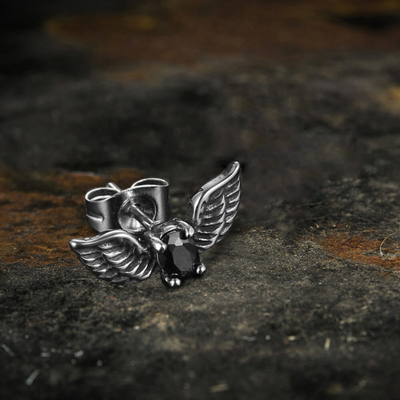 Freedom Wings Black Stone Stainless Steel Stud Earrings 03 | Gthic.com