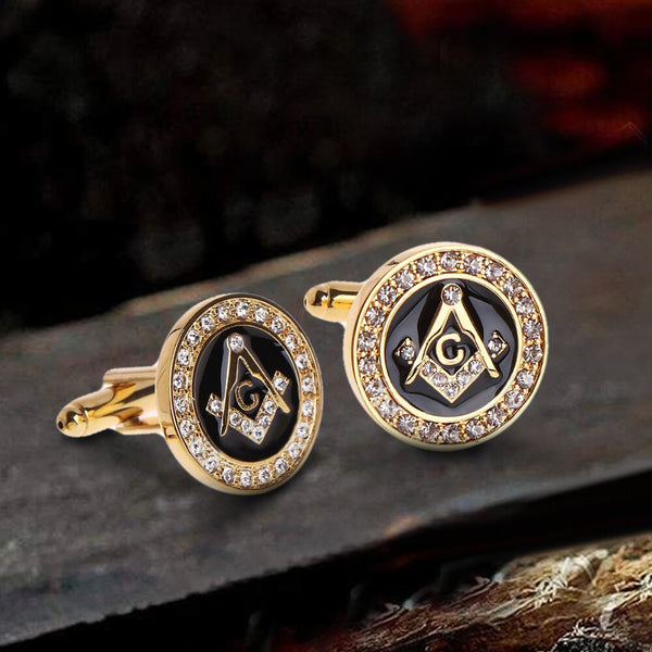 Freemasonry Symbol Diamond-Inlaid Brass Masonic Cufflinks 01 | Gthic.com