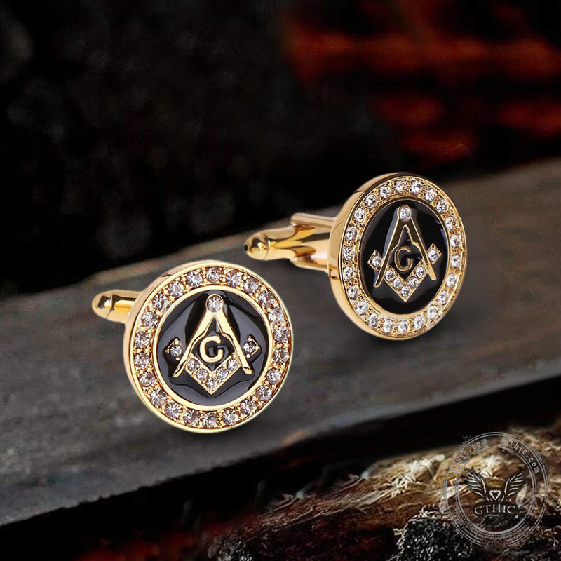 Freemasonry Symbol Diamond-Inlaid Brass Masonic Cufflinks 03 | Gthic.com