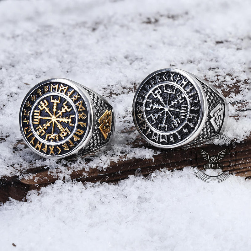 Mens Norse Viking Axe & Vegvisir Compass Ring - Stainless Steel Size 7-16, Silver Finish