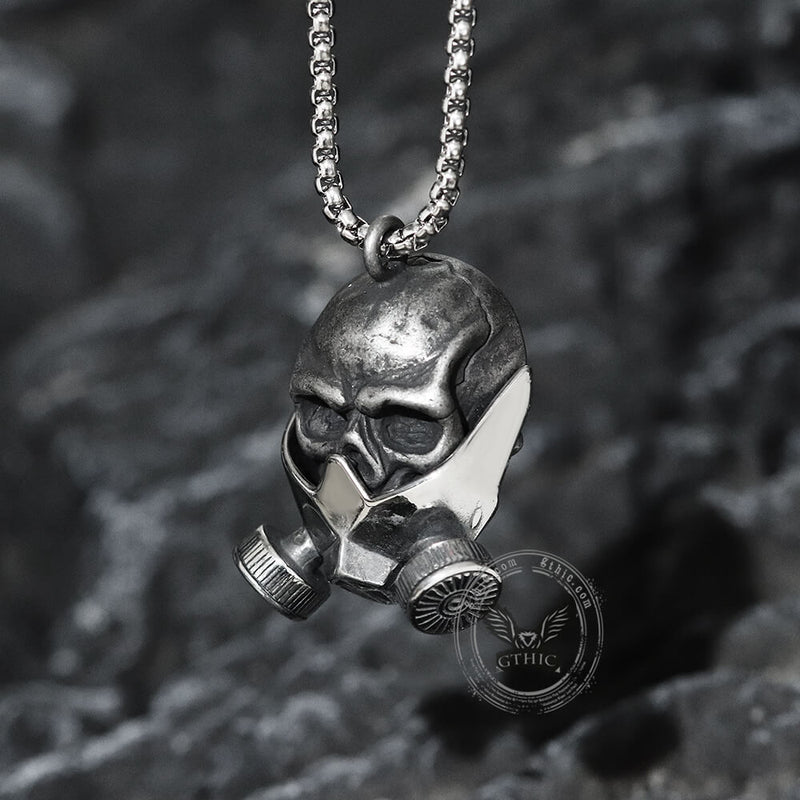 Gas Mask Skull Stainless Steel Pendant, Silver / with Chain
